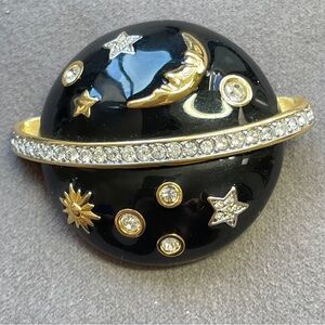 Vintage Swarovski Celestial Planet Brooch Black Enamel Crystal Moon Stars Sun